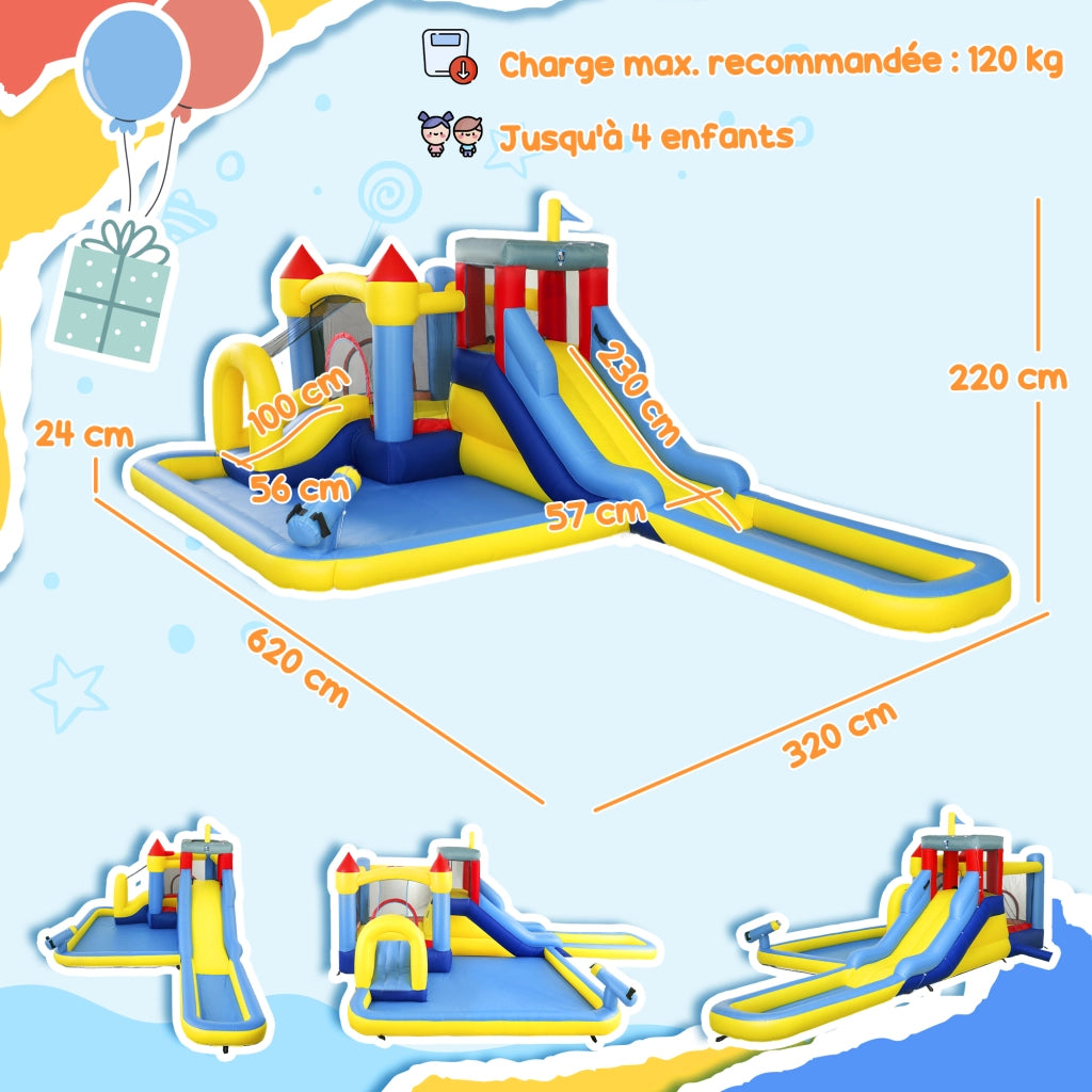 Castello gonfiabile per parco acquatico con scivoli, trampolino, parete arrampicata, cannone e canestro ¨C zephmum ¨C Colore variabile, Materiale PVC, Dimensioni variabili