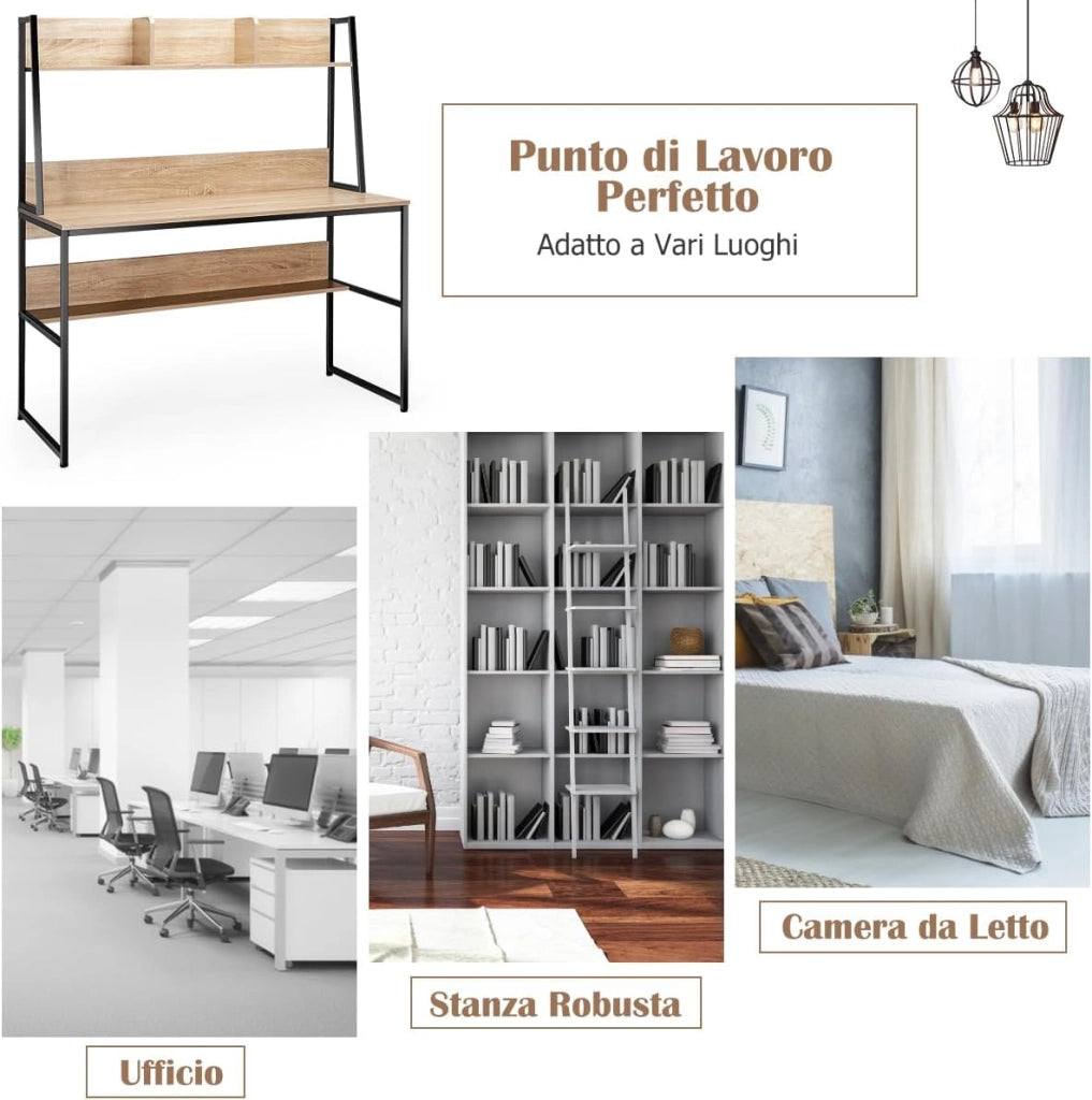 Scrivania con Libreria e Ripiano, Scrivania Salvaspazio per PC Portatile con 3 Scomparti e Ripiano Aperto, Scrivania per Ufficio e Casa, 120 x 57 x 140 cm (Naturale)