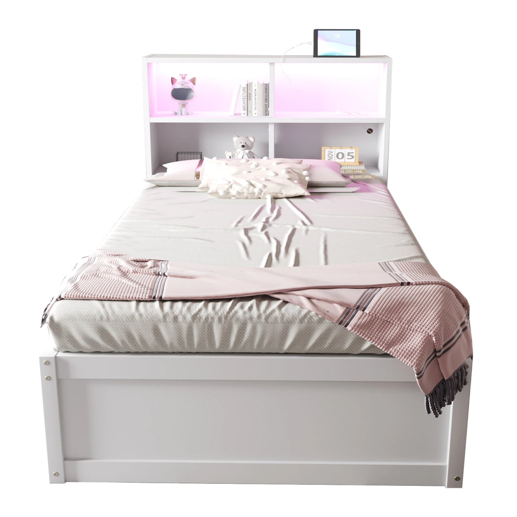 Letto Singolo Multifunzione con Contenitore, LED e Prese ¨C MINIMAL ¨C Legno Massello Bianco 90x200