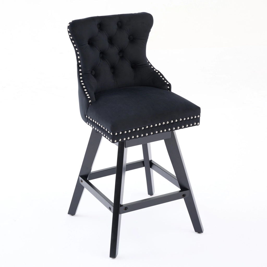 Sgabelli da Bar Girevoli in Velluto ¨C MINIMAL ¨C Nero, Gambe in Legno, Set 2 Pezzi