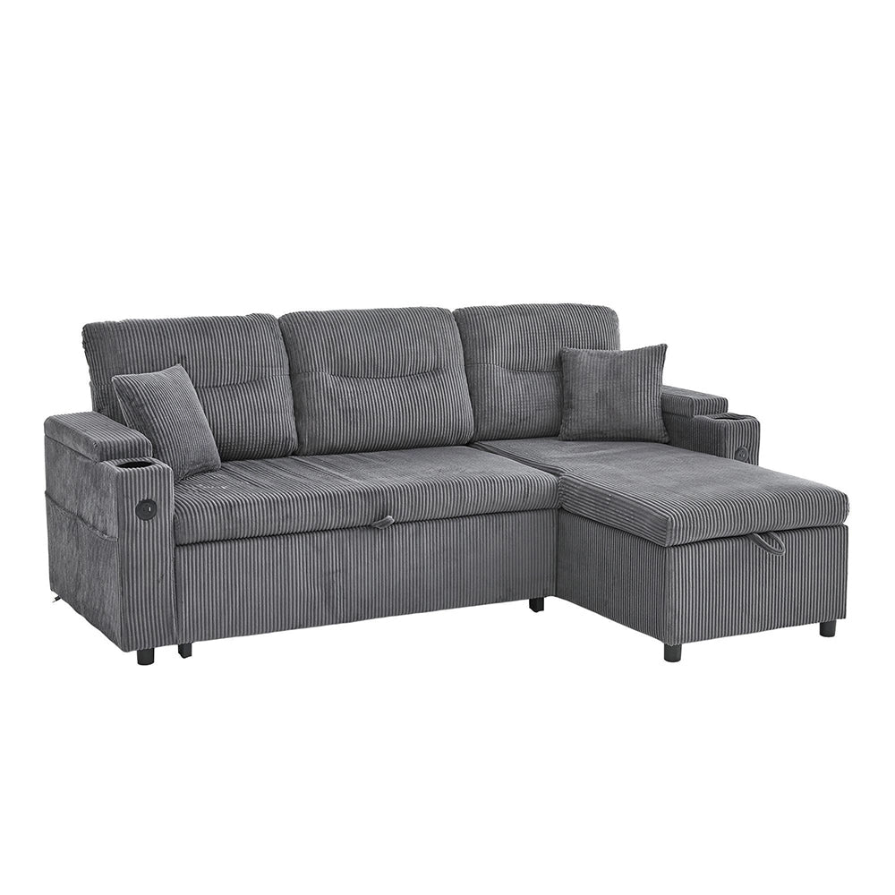 Divano moderno 3 posti - Xylo - Velluto costato, spazio di archiviazione, porta bevande, USB-C, chaise longue idraulica, letto a cassetti