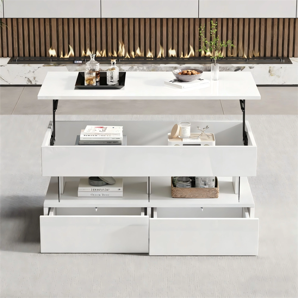 Tavolino da Caff¨¨ Sollevabile con LED e Cassetti ¨C MINIMAL ¨C Bianco MDF Lucido 100x50x46