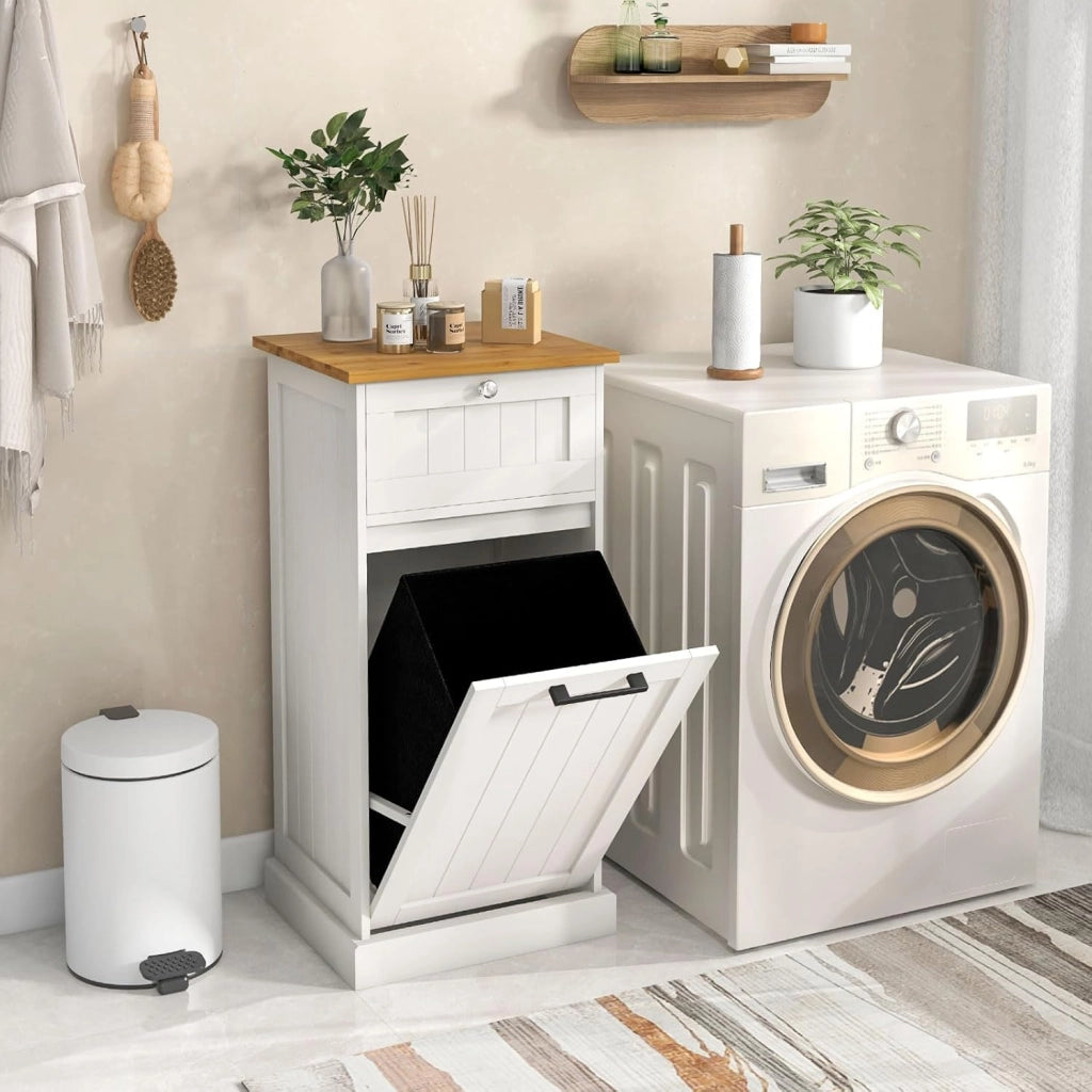 Armadio per Lavanderia in Legno con Cassetto e Cesto Estraibile per Biancheria, 40 x 37 x 82 cm, per Bagno (Bianco)