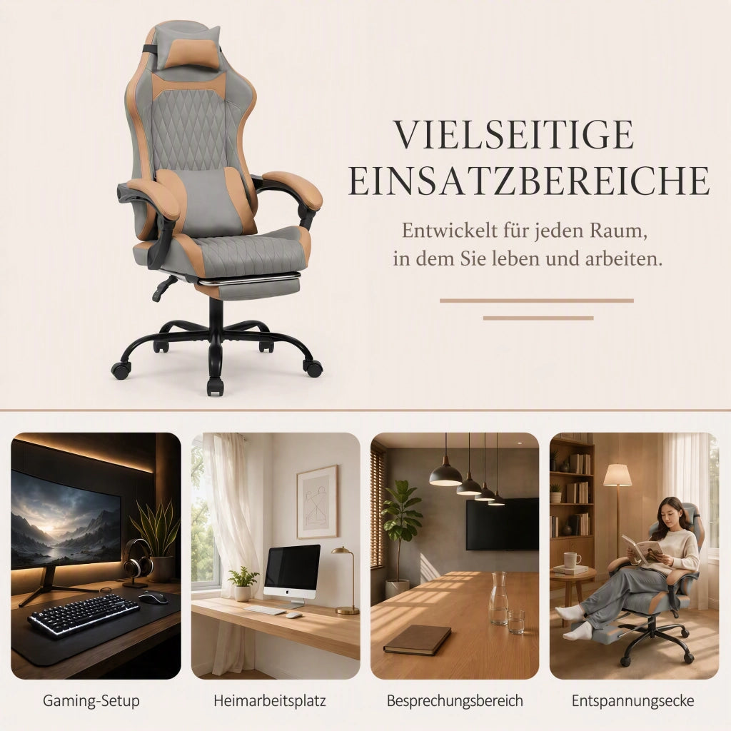 Sedia da ufficio gaming con schienale ergonomico, tasca posteriore e base in metallo, in PVC grigio marrone
