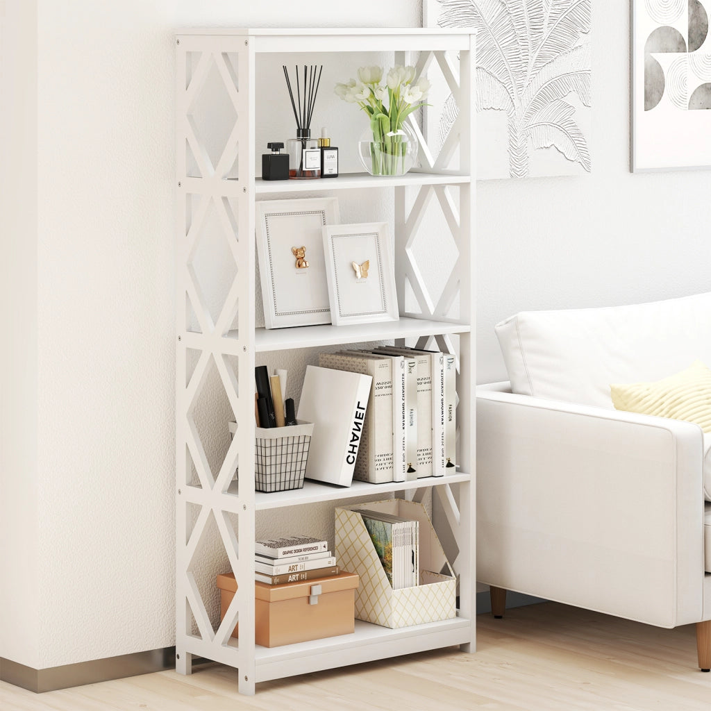 Libreria alta 5 ripiani legno romboidale scaffale espositivo aperto, Libreria moderna autoportante bianca ufficio soggiorno camera da letto