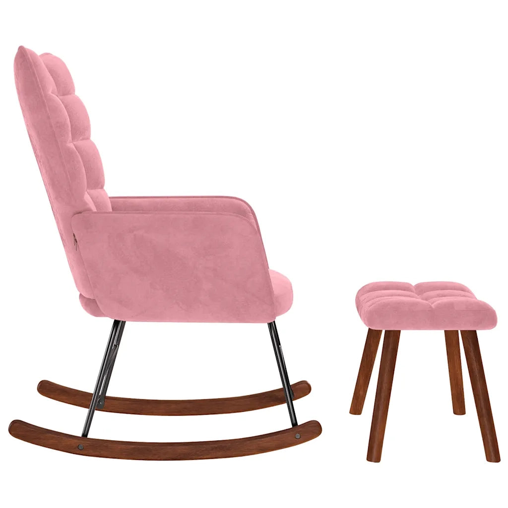 Poltrona a Dondolo | Sedia Relax con Poggiapiedi Rosa in Velluto