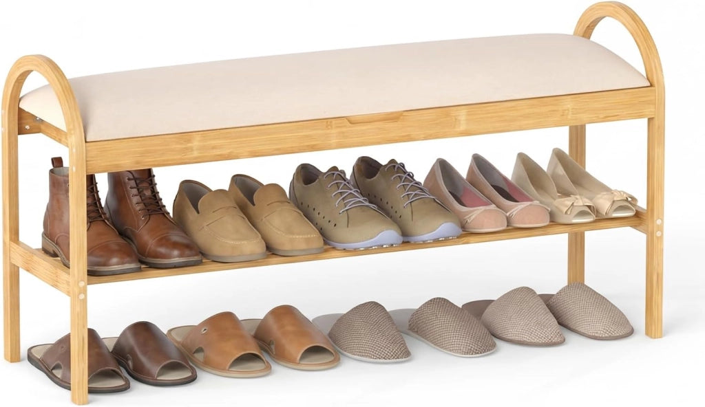Scarpiera con Cuscino, Panca Porta Scarpe con Coperchio Imbottito a Ribalta, Scomparto Nascosto, Panca Imbottita per Ingresso Corridoio Camera da Letto, 101 x 31 x 51 cm (Beige)