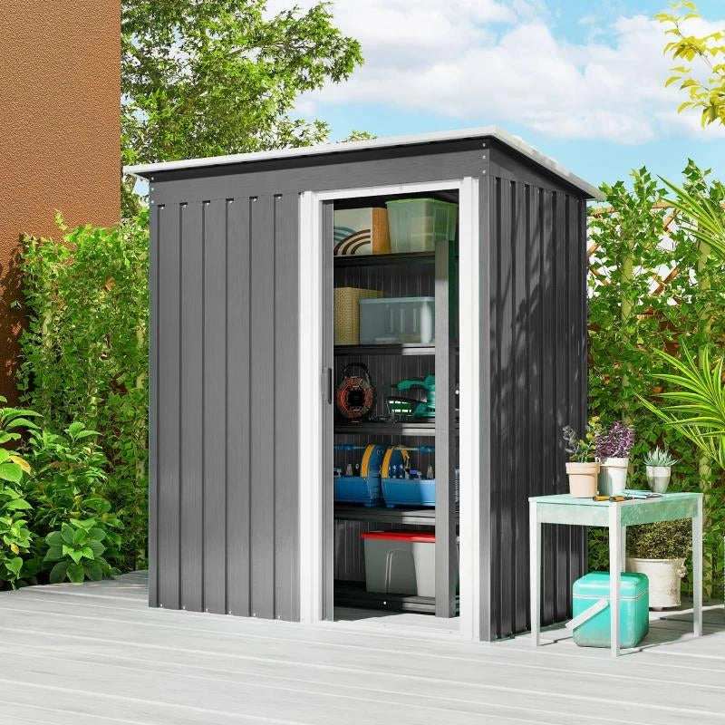 CAPANNO ATTREZZI CON TETTO INCLINATO E PORTA SCORREVOLE, IN ACCIAIO E PP, 163X89X182 CM, GRIGIO CHIARO