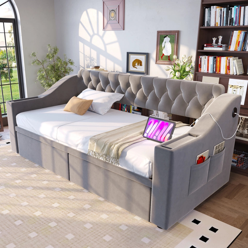 Letto imbottito trasformabile 90x190 cm in velluto con contenitore, USB e cassetti, grigio chiaro