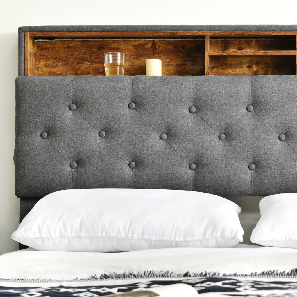 Letto matrimoniale imbottito 140x200 cm con testiera contenitore e LED; grigio