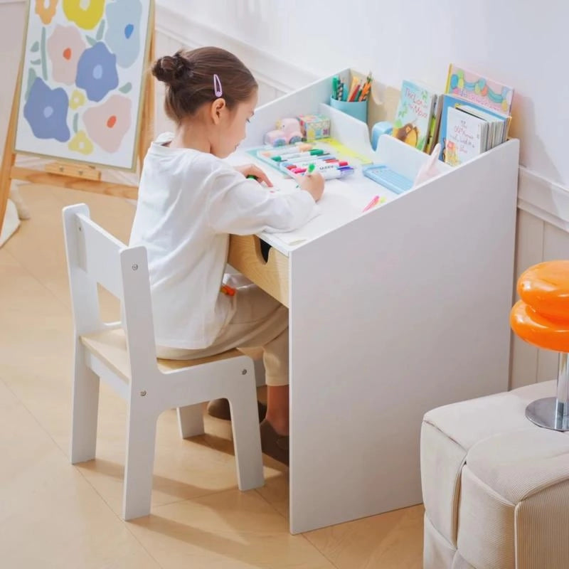 SET SCRIVANIA E SEDIA PER BAMBINI CON CASSETTO E SCAFFALE, BORDI ARROTONDATI, ETÓ 6-10 ANNI, BIANCO E LEGNO