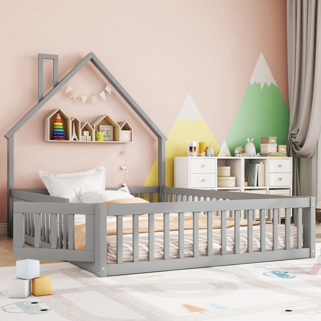 OKWISH Letto a Cabina 140×200 cm, Letto Matrimoniale con Spondine di Sicurezza e Design a Camino, senza Materasso, in Pino, Grigio