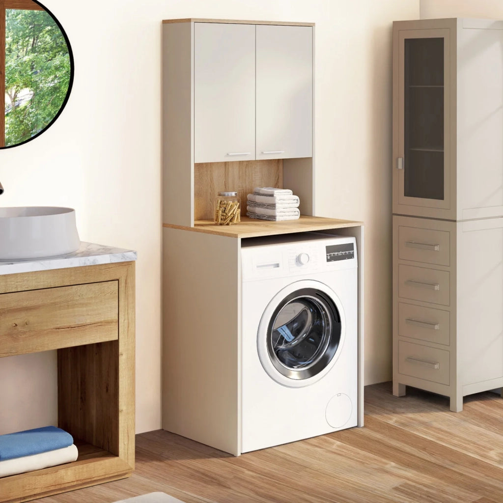 IDMarket - Piano lavatrice WALLIS con armadio in legno beige e faggio