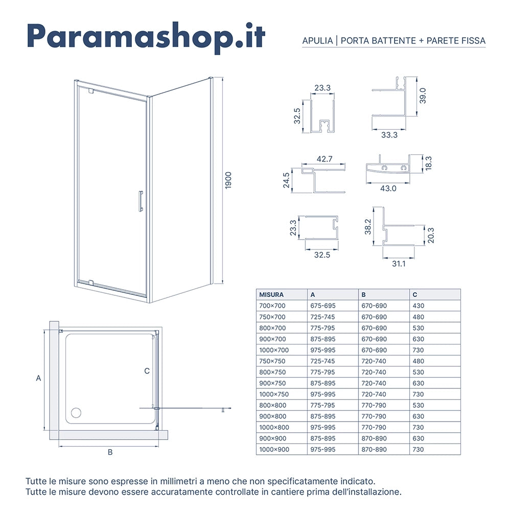 Box doccia 80x100 cm angolare apertura a battente vetro 6mm trasparente | Apulia