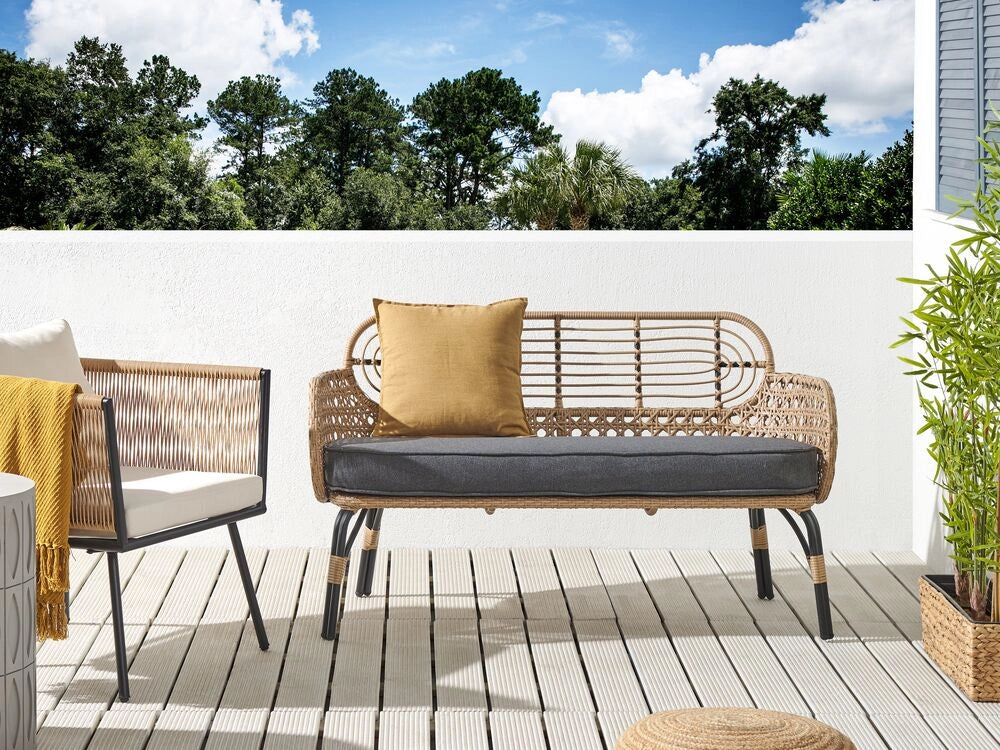 Divano grigio in PE naturale Rattan a 2 posti con cuscino di seduta intrecciato Design Boho