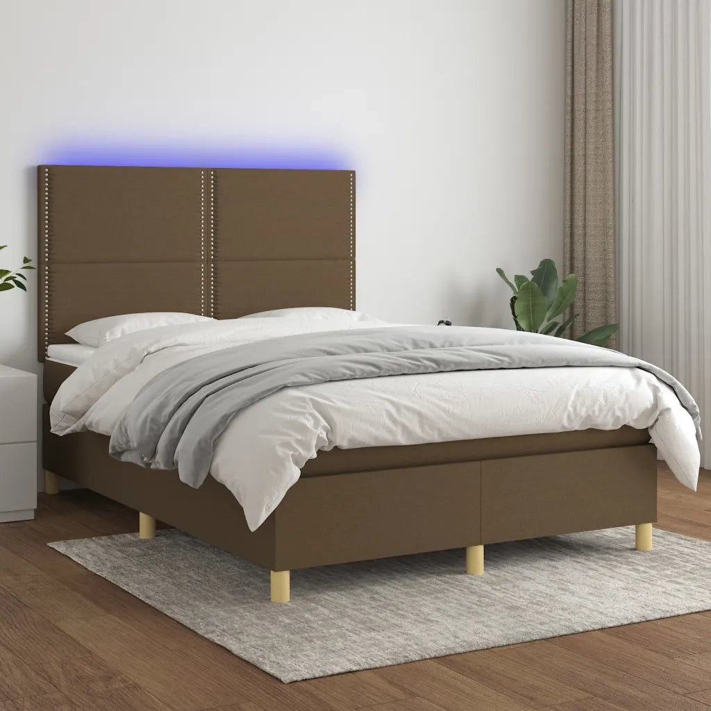 Letto a Molle Materasso e LED MarroneScuro 140x190cm in Tessuto 3135352