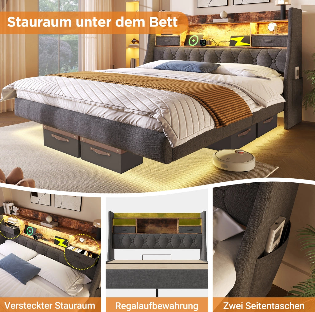 Letto imbottito grigio 160 x 200 cm con LED, ricarica e materasso