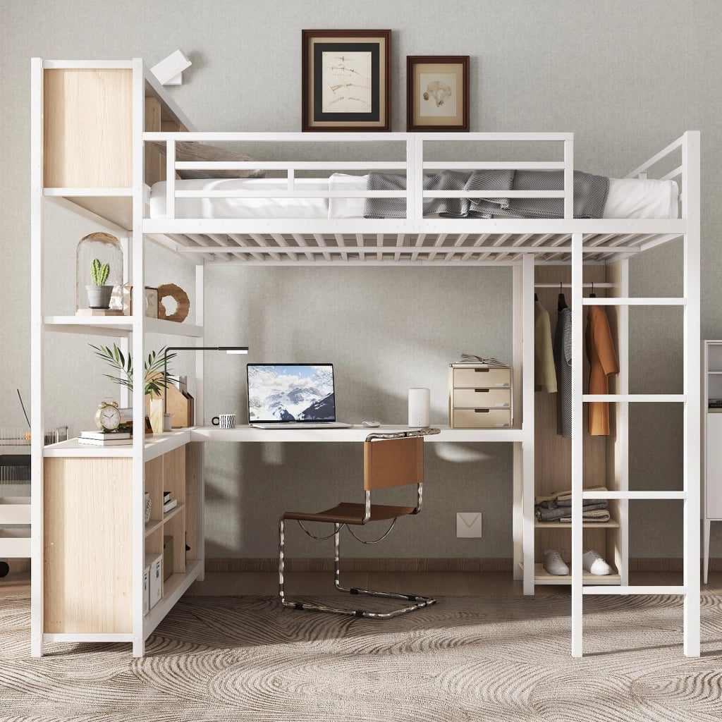 Letto a Soppalco 140 x 200 cm con Armadio; Scrivania; Contenitore e Scala; Bianco