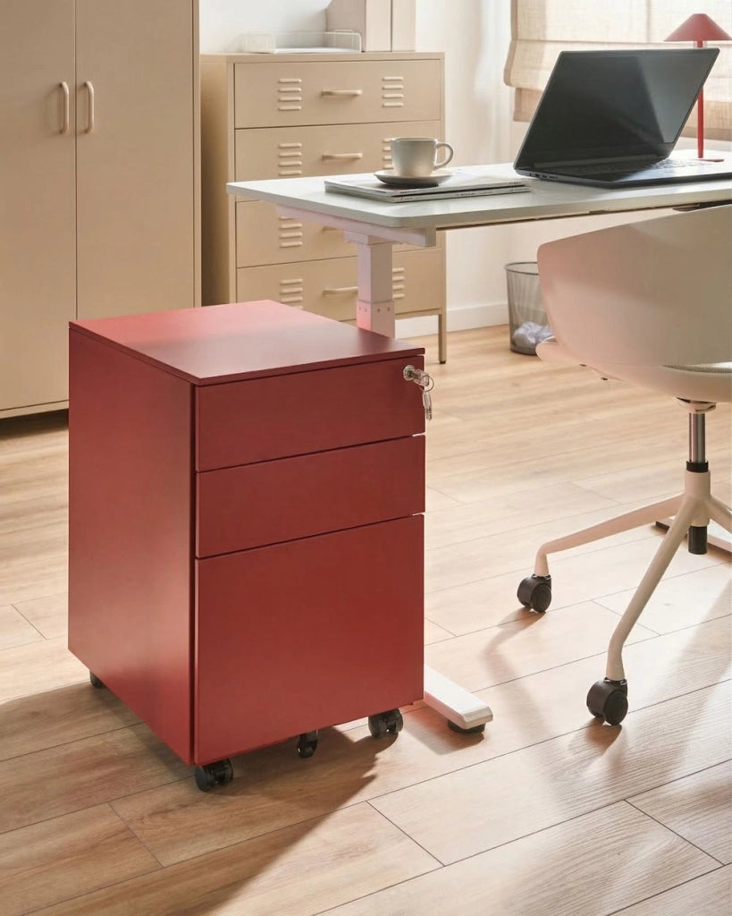 Armadietto mobile contenitore Metallo Rosso 3 Cassetti Con Serratura A Chiave Ruote Ufficio Industriale