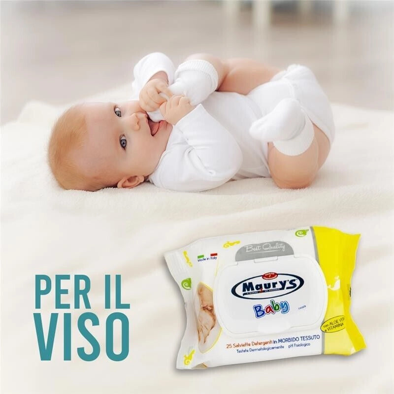 MAURY'S SALVIETTE DETERGENTI UMIDIFICATE PER BAMBINI BABY 25PZ ALOE VERA VITAMINA E BEST QUALITY