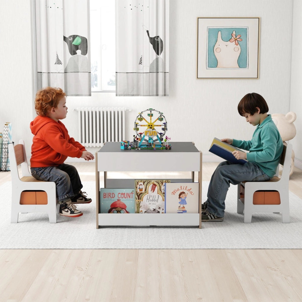 Set tavolo attivit¨¤ in legno con piano doppia faccia e librerie laterali, Set tavolo mobili salvaspazio per disegnare Legno naturale-Tavoli e sedie