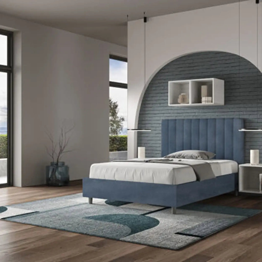 Letto una piazza e mezza contenitore imbottito 120x190 microfibra blu Agueda