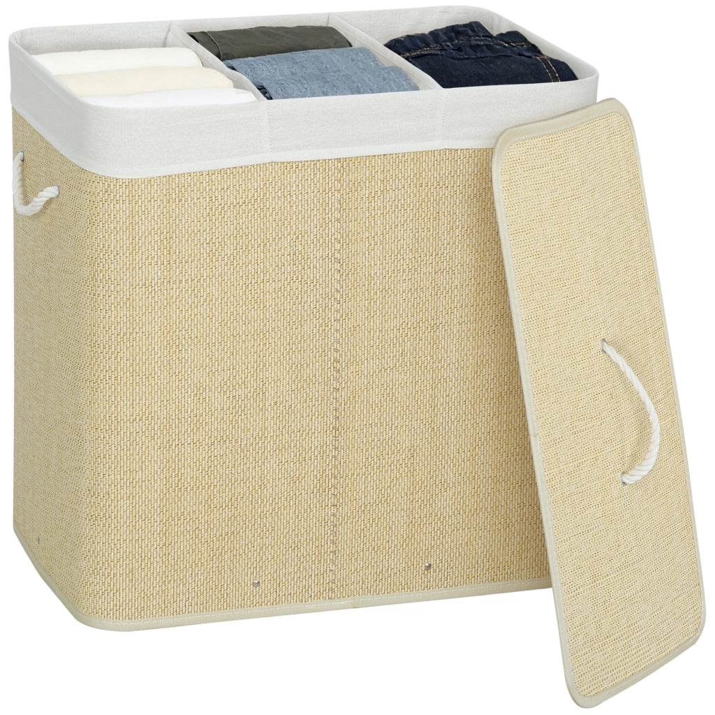 Cestino per Biancheria in Bamb¨´ con 3 Scomparti ¨C Zephmum ¨C 60x40x60 cm Crema