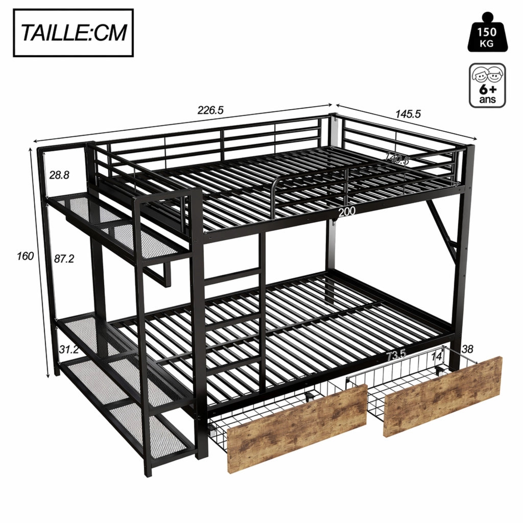 DESMIU Letto soppalco 2 posti con 2 cassetti, mensole, barra appendiabiti e LED, 140 × 200 cm, senza materasso
