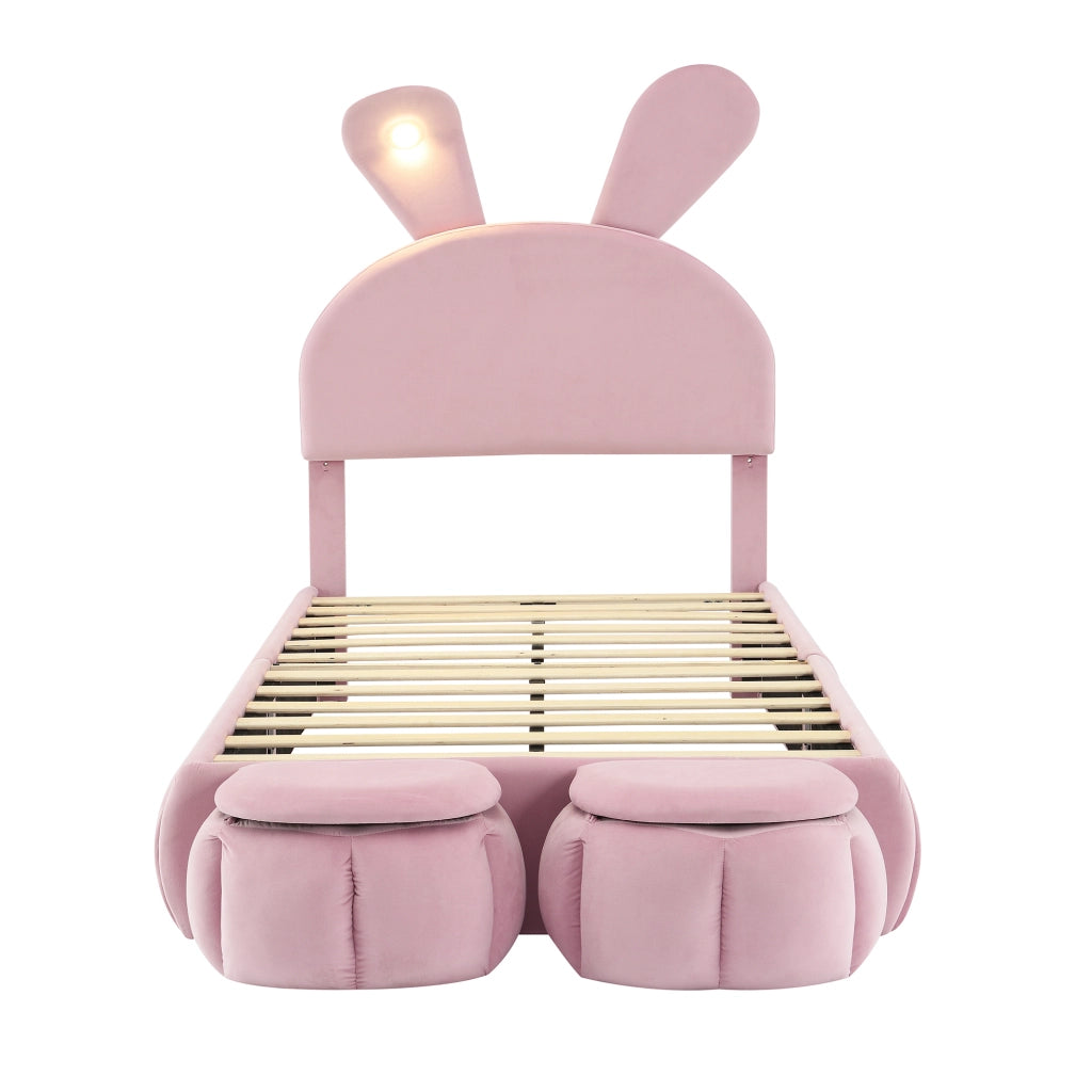 Letto imbottito per bambini - Zephmum- 90x200cm - Rosa - Luci calde regolabili con orecchie di coniglio