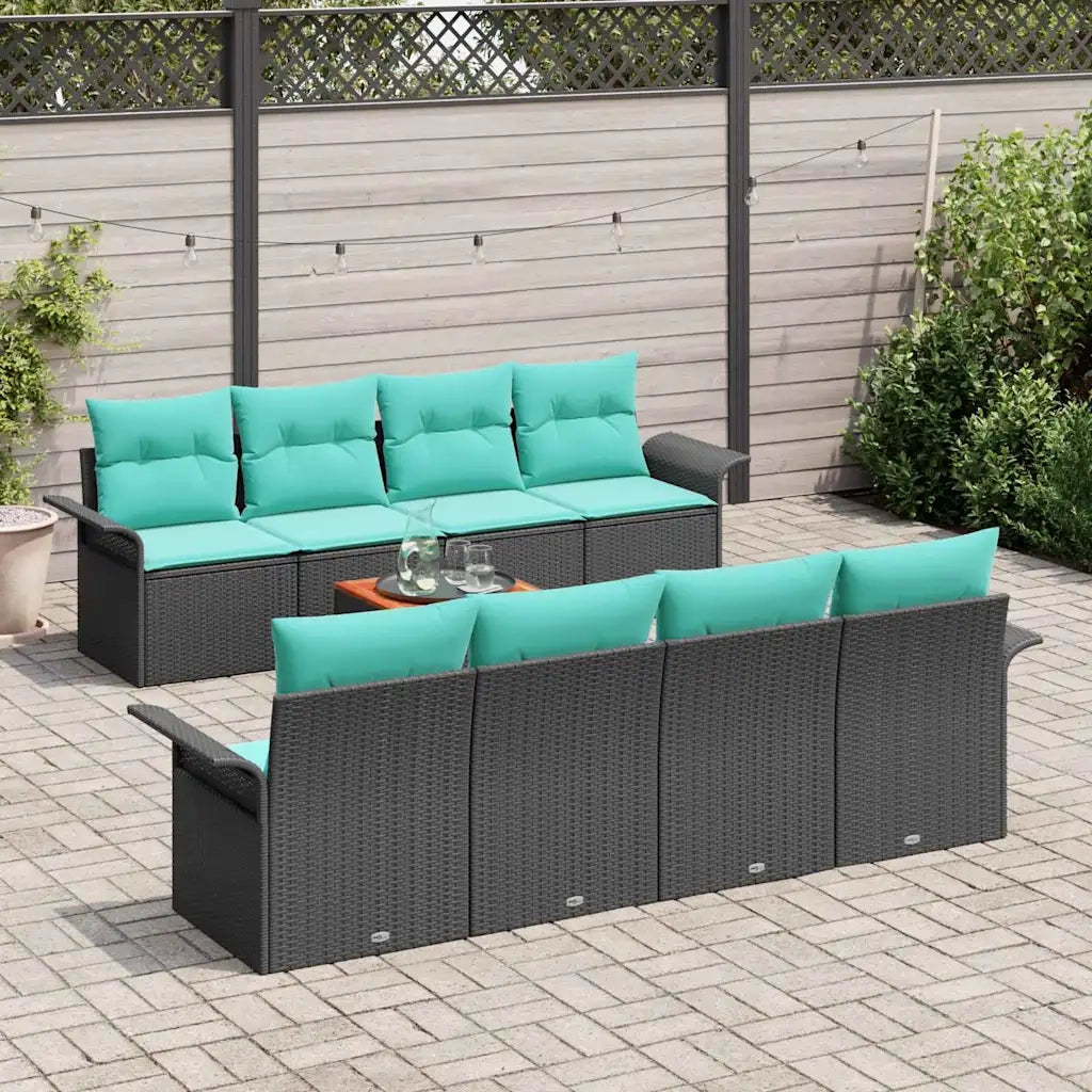 Set Divano da Giardino con cuscino 9 pcs Nero polyrattan
