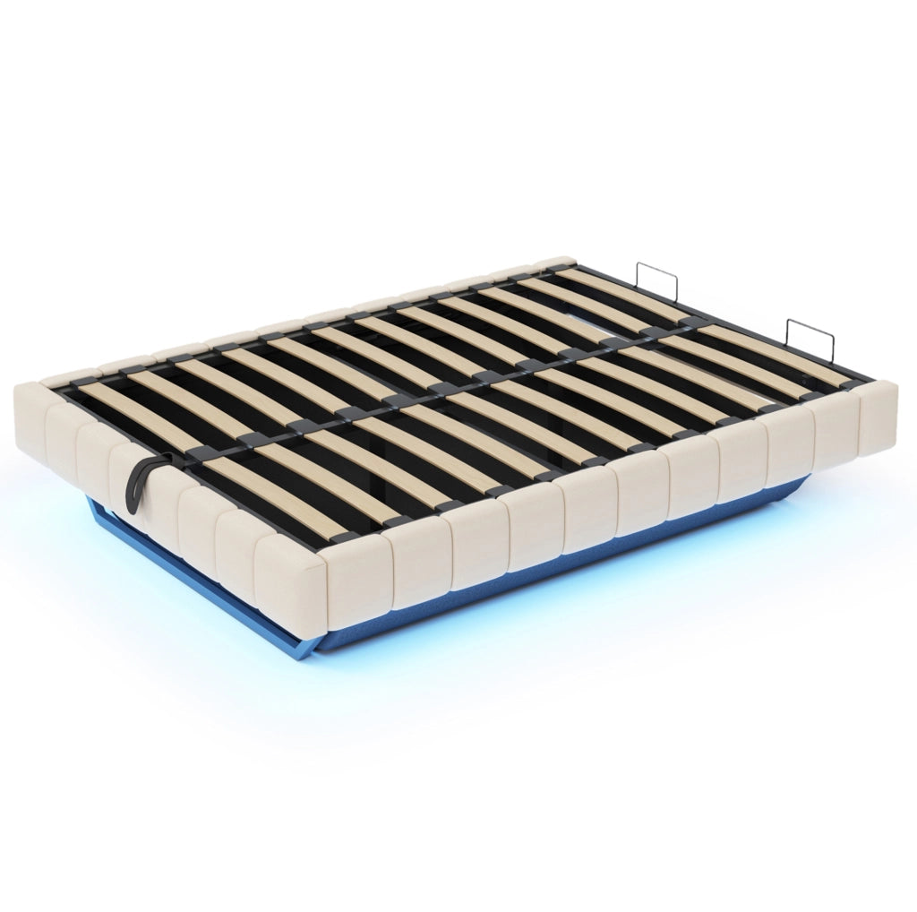 Letto imbottito 140x200 cm beige in tessuto e metallo con contenitore e LED