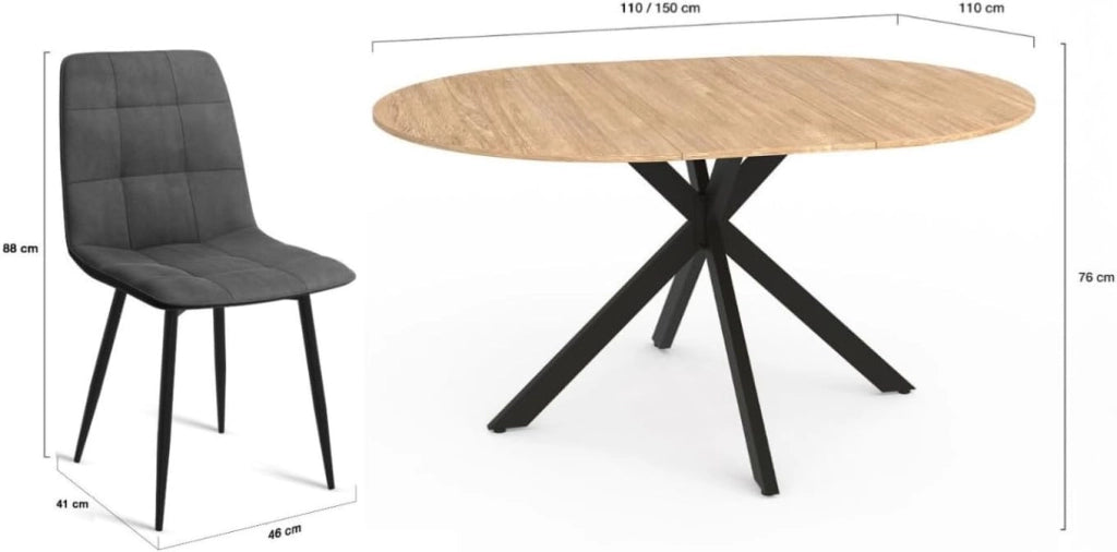 Tavolo da Pranzo Rotondo allungabile Alix 110-150 cm e 4 sedie Mila in Velluto Grigio Scuro