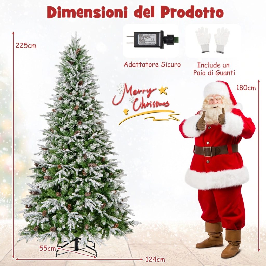 Albero di Natale artificiale pre-luminoso 225cm con rami articolati e 1135 punte, Albero di Natale foderato di neve-Alberi di Natale