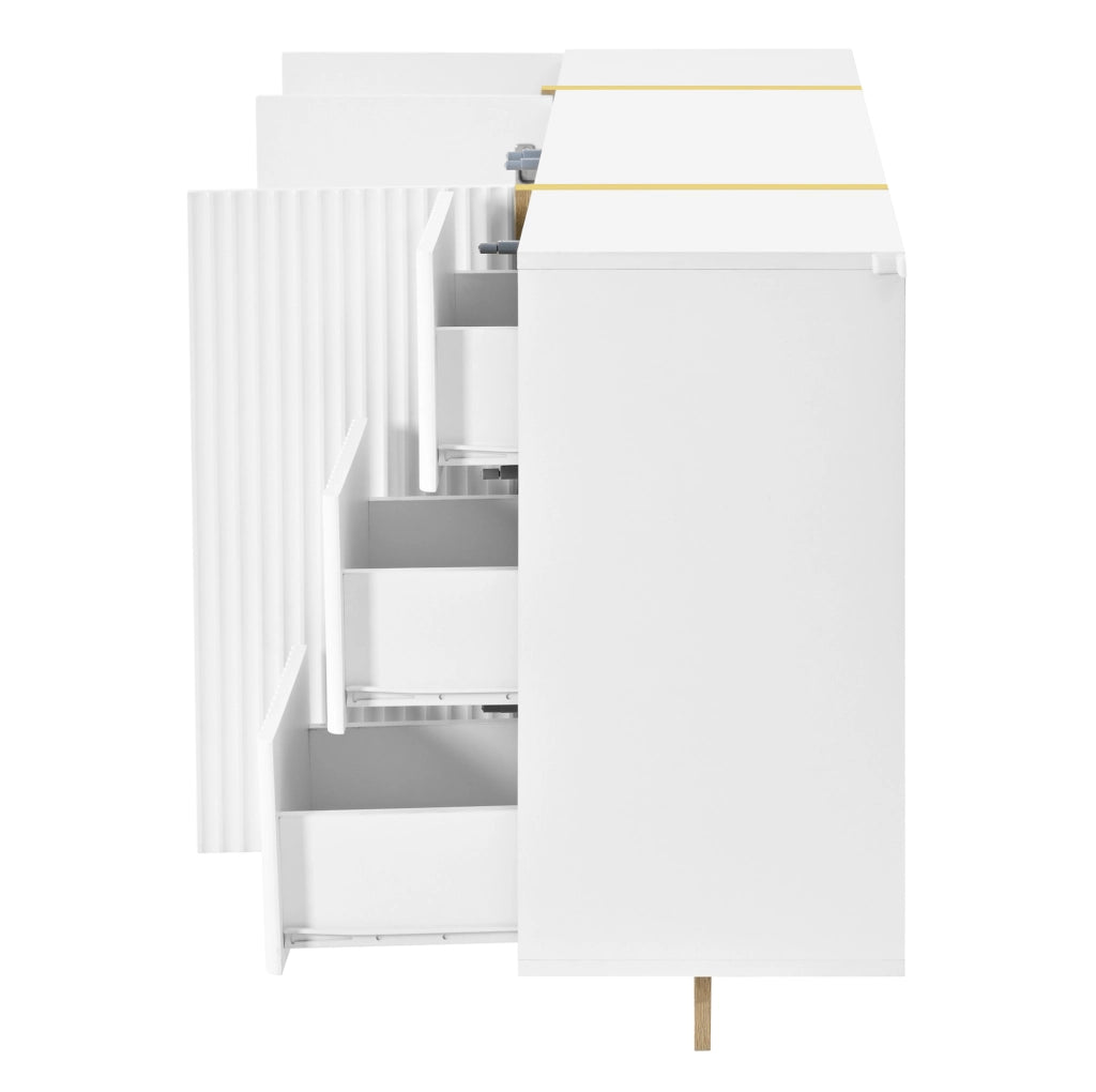 Combinazione mobile TV e sideboard ULEVR bianca con frontali scanalati, cassetti e vani chiusi, 190 cm