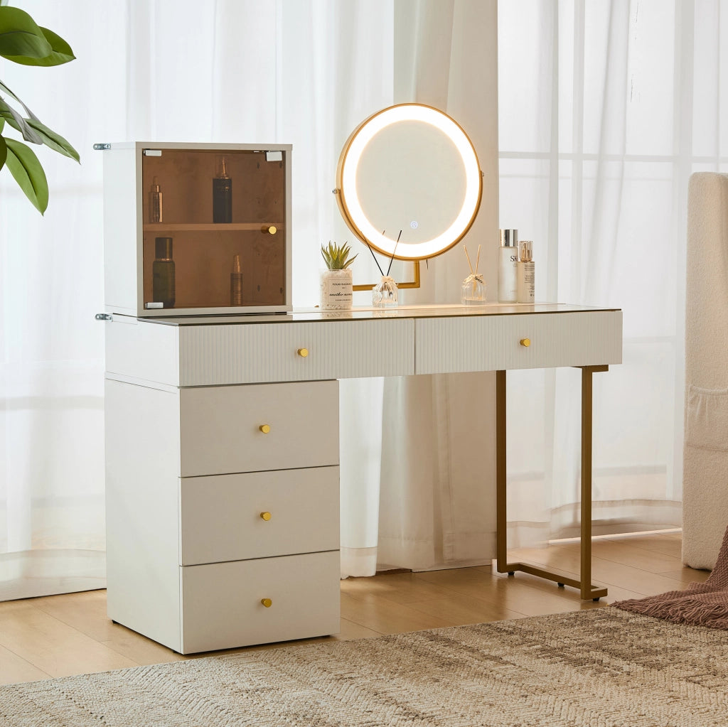 Toeletta con specchio LED bianca e oro 120x45x115 cm