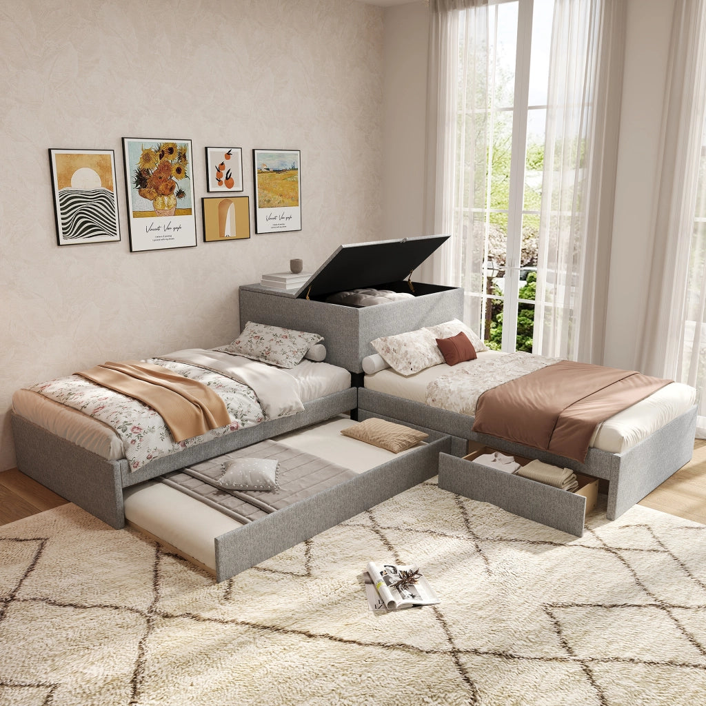 Letto angolare con letto estraibile, letto imbottito con contenitore, lino grigio, 90x200 cm, senza materasso