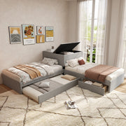 Letto angolare con letto estraibile, letto imbottito con contenitore, lino grigio, 90x200 cm, senza materasso