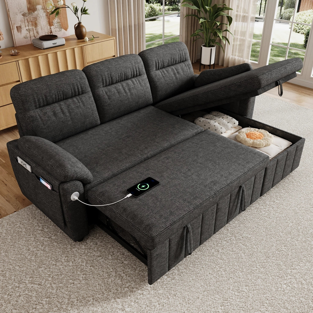 Divano angolare convertibile reversibile con letto estraibile contenitore e porte USB Type-C in ciniglia grigio