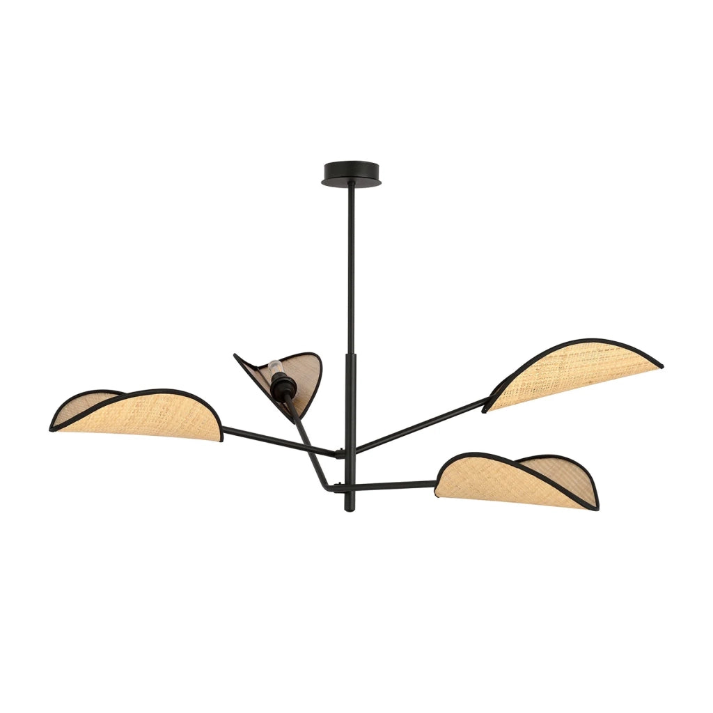 Lampadario 4 Luci Eridano In Acciao Nero E Rattan Con Bracci Mobili