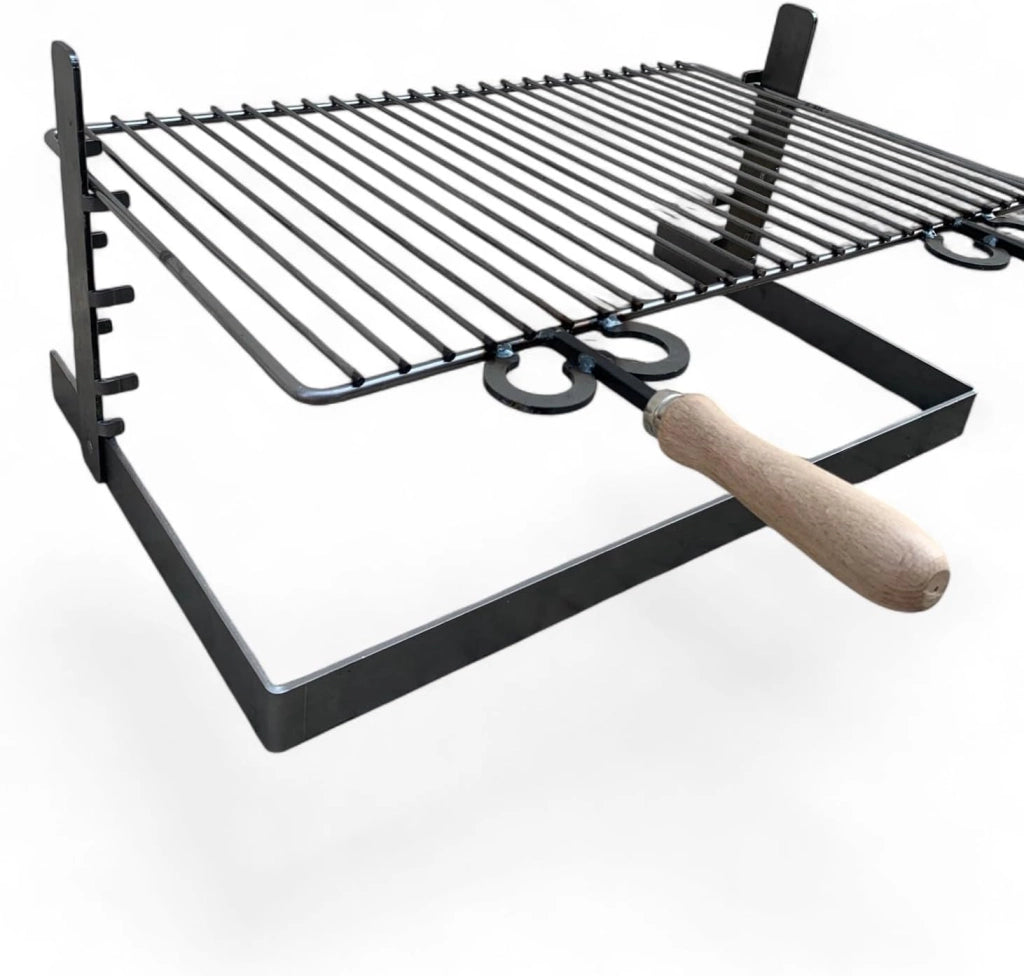 Griglia in ferro regolabile su più altezze, bistecchiera con manici in legno, per barbecue e camino per carne pesce verdure 70x45cm