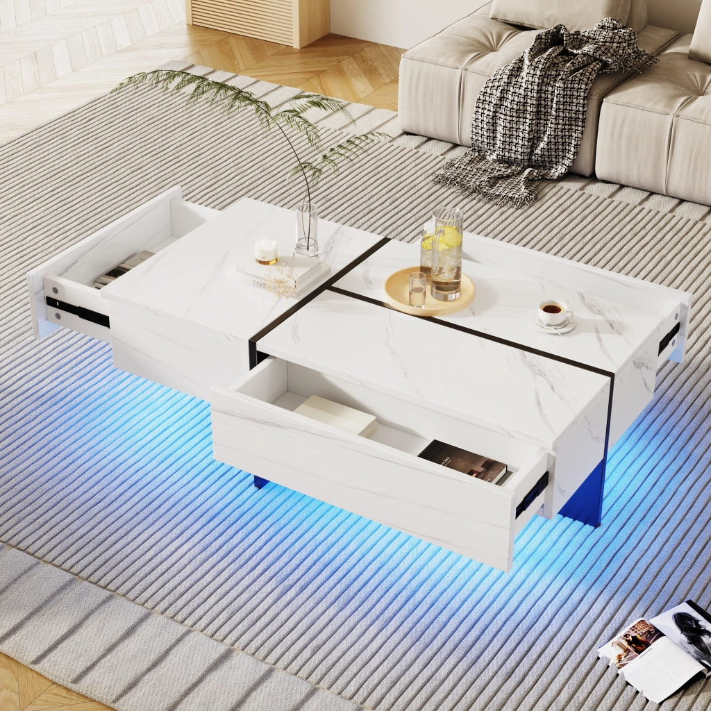 Tavolino da salotto 100x50x34.5 cm; effetto marmo lucido con LED controllato da app; pannello truciolare bianco