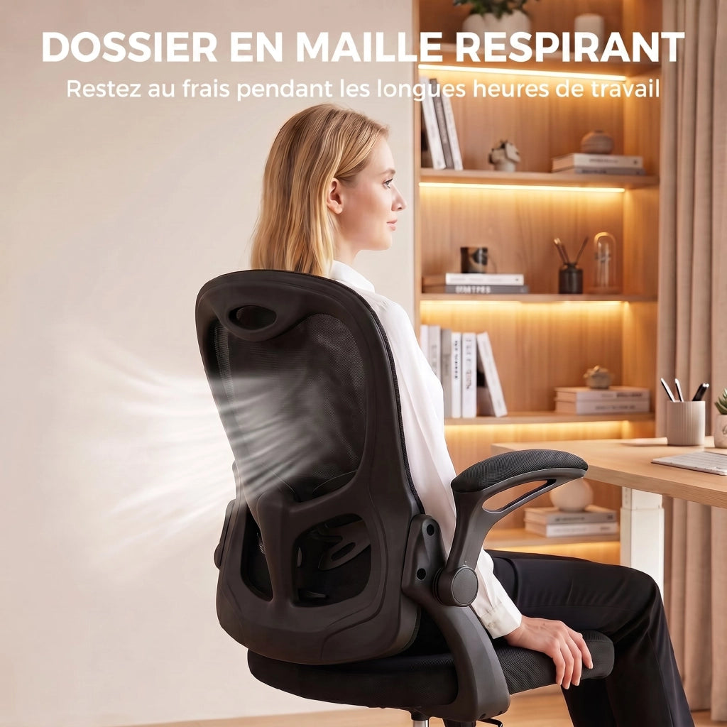 Sedia da ufficio ergonomica in rete con braccioli ribaltabili, altezza regolabile 46,5-56,5 cm e bascula, nera