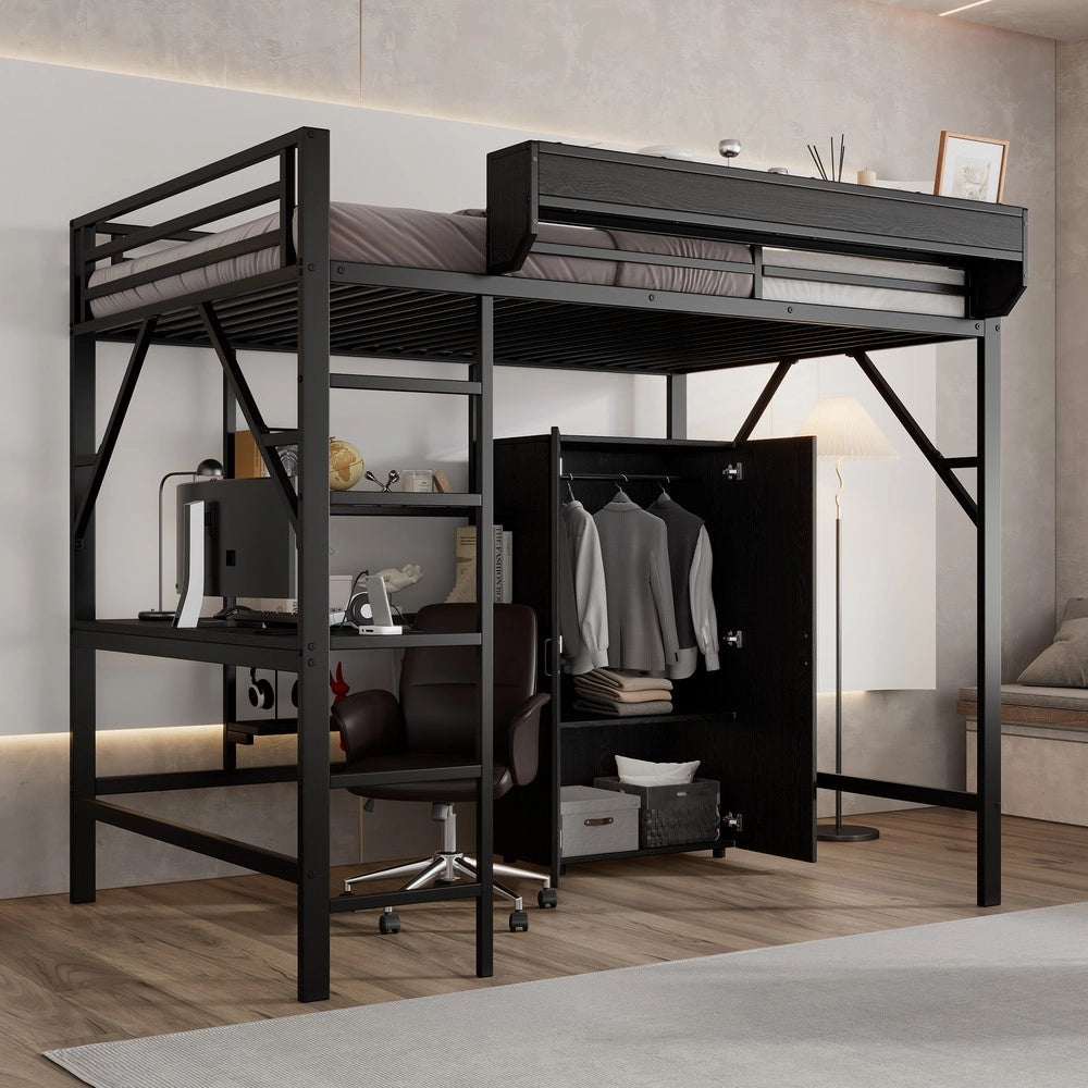 Letto a Soppalco con Scrivania e Armadio ¨C MINIMAL ¨C Ferro e MDF, Nero, 140x200