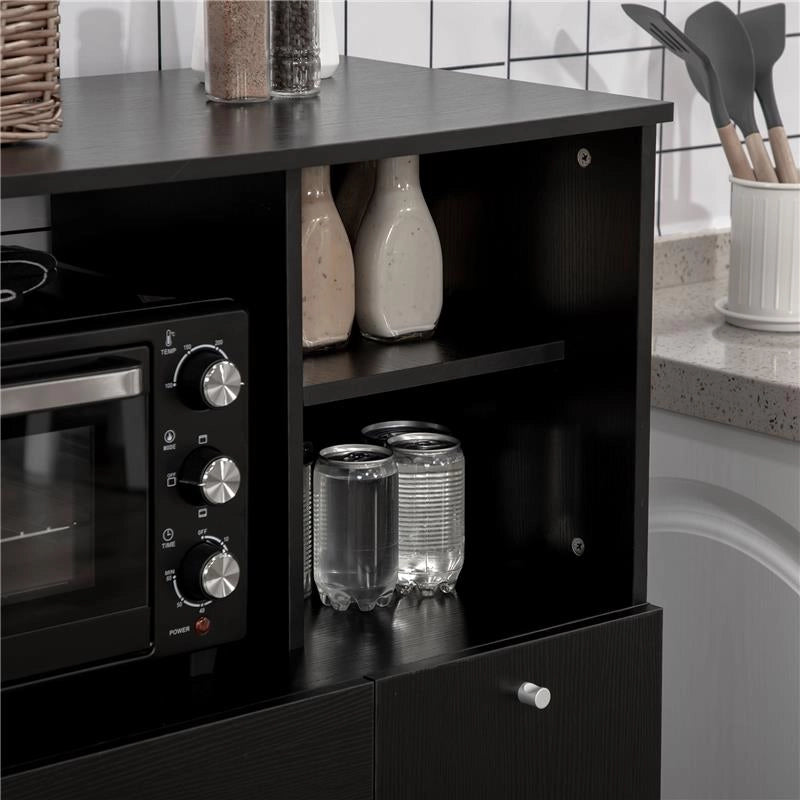 CREDENZA DA CUCINA IN LEGNO PER MICROONDE CON ARMADIETTI MENSOLE E CASSETTO 90X40X120 CM NERO