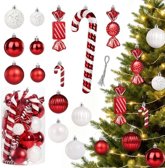 Set di 40 palline di Natale rosse e bianche per decorazione natalizia