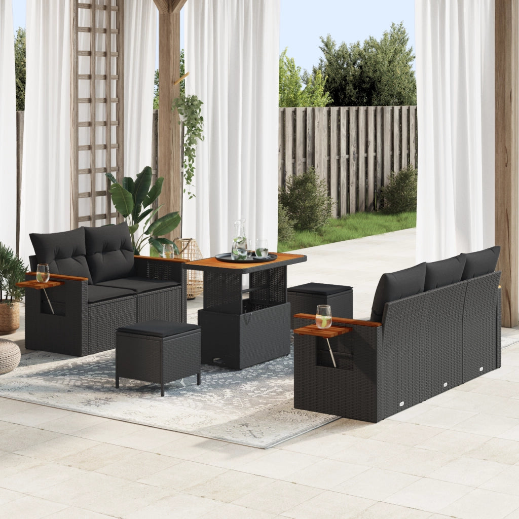 Set di 8 Pezzi Divano da Giardino con Cuscini Rattan Nero Acacia