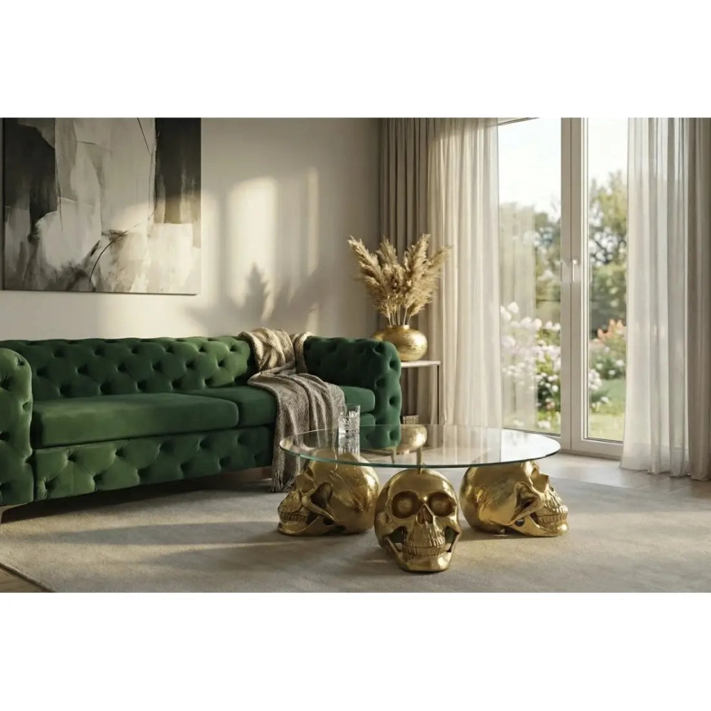 Tavolino basso CRANY rotondo 90 cm in alluminio dorato e vetro temperato stile barocco