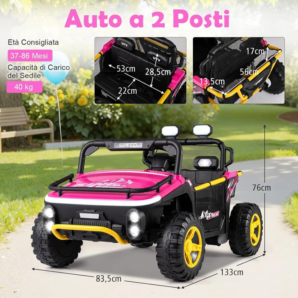 24V Macchina Elettrica per Bambini, Veicolo Elettrico a 2 Posti con Telecomando Clacson Musica Storie Connessione Wireless Luci, 37-86 Mesi (Rosa)