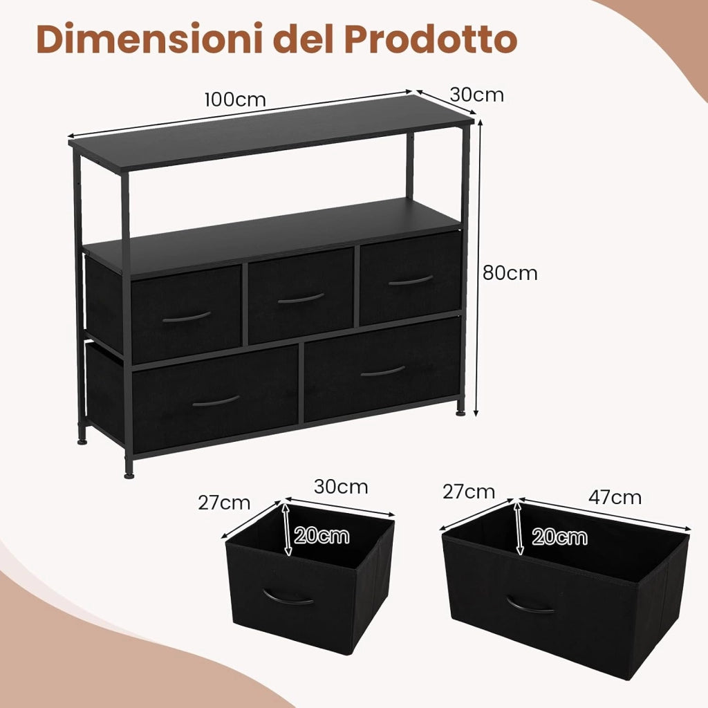 Comò con 5 Cassetti, Cassettiera con 2 Mensole Aperte in Legno e Struttura in Metallo, Unità Organizzatore per Conservazione per Ingresso e Soggiorno, 100×30×80 cm (Nero)
