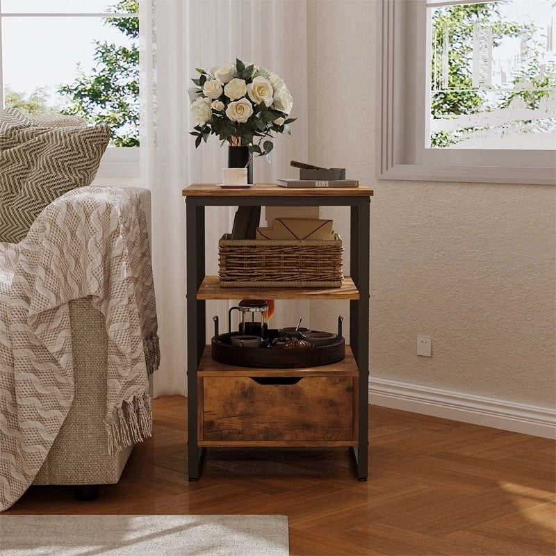 Comodino, tavolino da camera, cassettiera, stile loft marrone scuro, 2 ripiani, 80 cm
